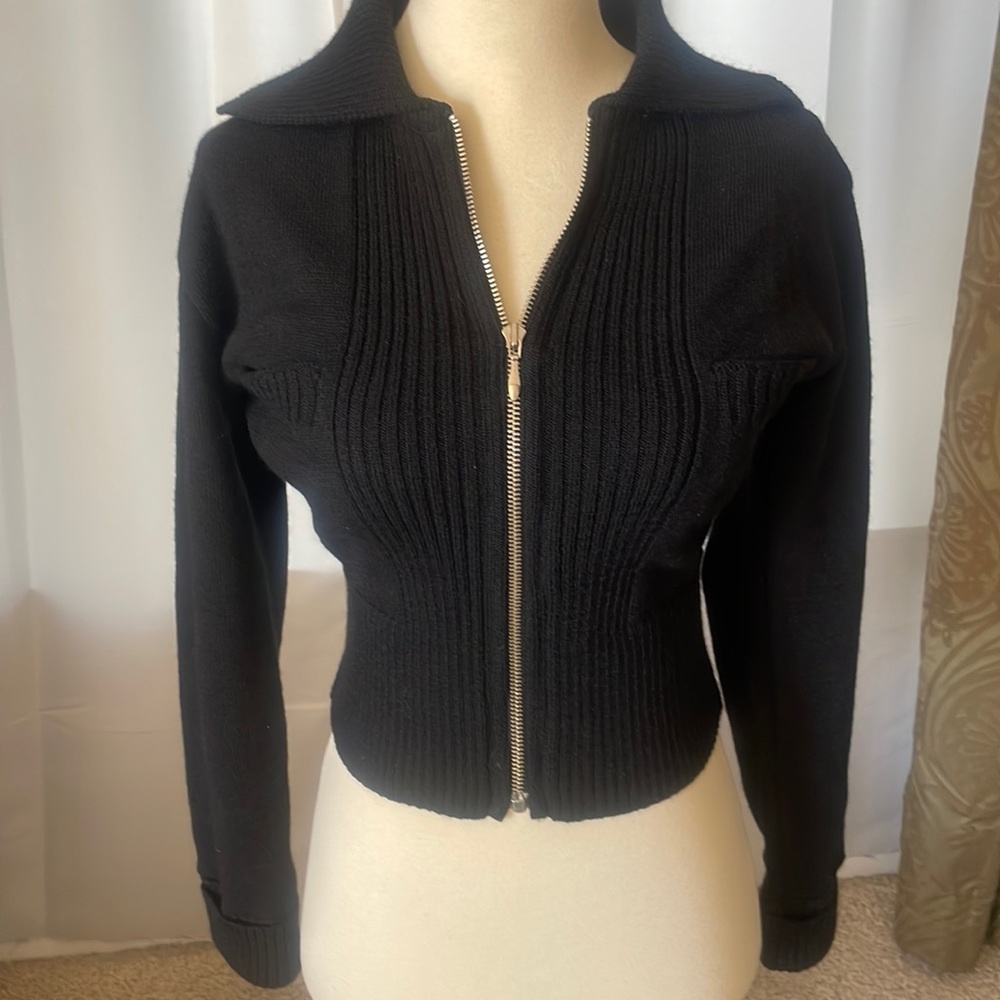 Black Zip-Front Ribbed Knit Jacket